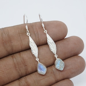 Rainbow Moonstone Crystal Earrings, Leaf Earrings, Raw Moonstone Dangles, 925 Sterling Silver, Dangle Drop Earring, June Birthstone, Gift