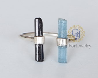 2 stone Raw Aquamarine Black Tourmaline Pencil Ring, Black Tourmaline Bar Ring, Aquamarine Pencil Ring, March Birthstone Ring, Gifts For Her