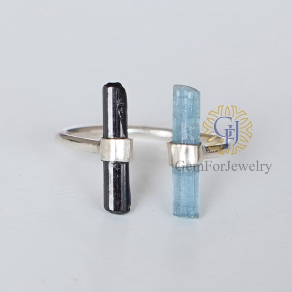 2 stone Raw Aquamarine Black Tourmaline Pencil Ring, Black Tourmaline Bar Ring, Aquamarine Pencil Ring, March Birthstone Ring, Gifts For Her