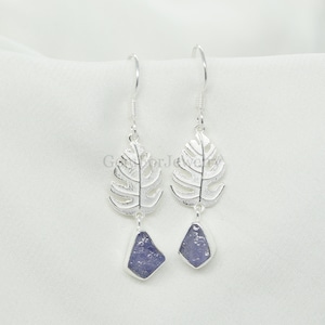 Raw Tanzanite Leaf Earrings, Leaf Earrings, Natural Tanzanite Dangles, 925 Sterling Silver, Dangle Drop Earring, June Birthstone, Gift