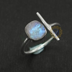 Ring ruwe maansteen, blauw vuur maansteen kristal, ruwe steen zilveren stok, ongesneden ruwe verstelbare ring, ruwe maansteen sieraden, cadeau voor haar