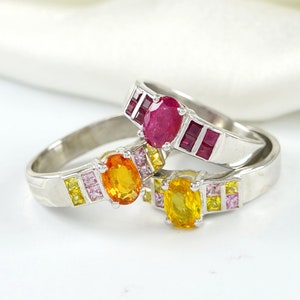 Natural Sapphire Stacking Ring, Ruby Wedding Ring, Orange Yellow Multi Sapphire Ring, Birthstone Ring, Precious Stone Ring, Eternity Band
