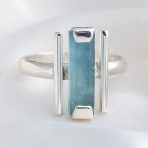 Raw Aquamarine Bar Ring, Silver Multi Bars Ring, Aquamarine Pencil Ring, Unique Design Ring, March Birthstone Jewelry, Silver Handmade Ring