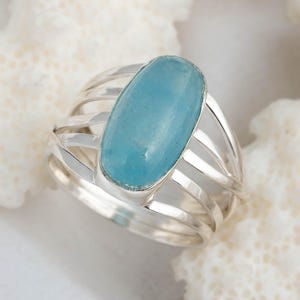 Aquamarine Ring Sterling Silver, Spiral Band Ring, Handmade Gemstone Ring, Twisted Band Ring, March Birthstone Jewelry, Unique Gift For Her