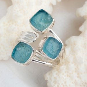 Raw Aquamarine Three Stone Ring, Sterling Silver Adjustable Ring, March Birthstone Jewelry, Boho Gemstone Statement Ring, Gift for Her