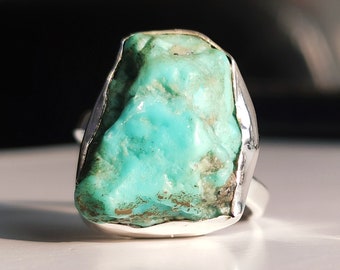 Roher Türkis Ring, oxidierter Silberring, handgemachter Türkisring, Sterlingsilber 925, ungeschliffener Edelsteinring, Dezember Birthstone Ring