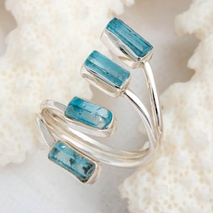 Raw Aquamarine Spiral Band Ring, Sterling Silver Open Wrap Ring, Four Stone Adjustable Gemstone Ring, March Birthstone Ring, Gift for Her