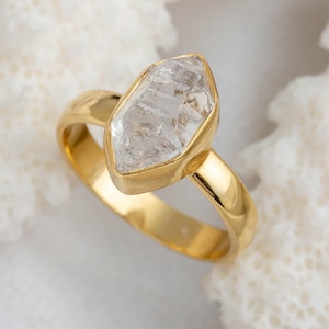 Raw Herkimer Diamond 14k Gold Ring, Uncut Diamond Ring, Diamond Engagement Ring, Raw Crystal Ring, Silver Handmade Ring, April Birthstone