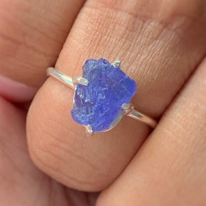 Raw Blue Tanzanite Ring, Natural Uncut Stone, Handmade Crystal Jewelry, Artisan Sterling Silver, Boho Ring, Gift for Her, Rough Stone Ring