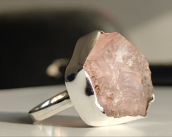 Raw Rose Quartz Ring, Handmade Silver Ring, Unique One of a Kind, Artisan Silver Jewelry, Natural Gemstone Ring, Gifts for Idea her