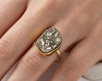 14k gouden ring ruw pyriet, 925 sterlingzilver, verstelbare bandring, cadeau voor moeder