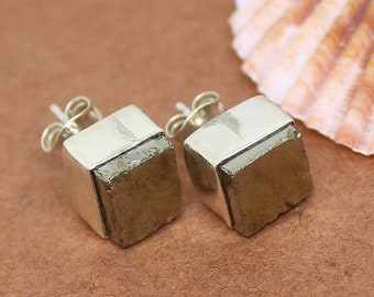 Raw Pyrite Stud Earrings, Natural Gemstone Earrings, One Of a Kind Earrings, Raw Stone Earrings, Silver Earring, Earring Gift Idea