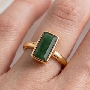 Raw Green Jade Bar Ring, Natural China jade Ring, Gold Plated Ring, Handmade Gemstone Jewelry, March Birthstone, Gift For Women