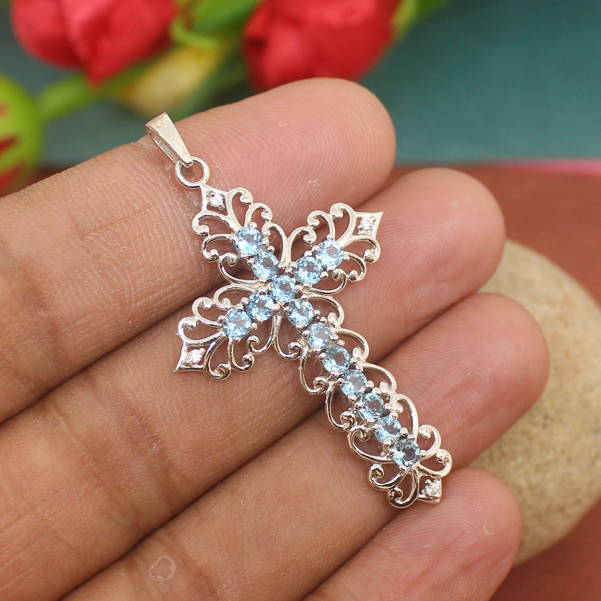 Blue Topaz Cross Pendant, Rhodium Over Silver, December Birthstone Gift, Christian Religious Necklace, Anniversary Gift For Her