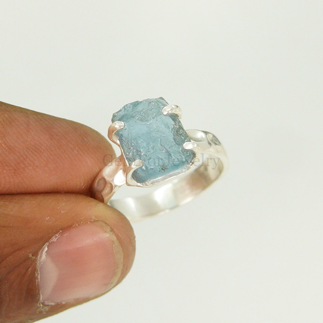 Anillo de aguamarina en bruto, anillo de plata de ley, banda