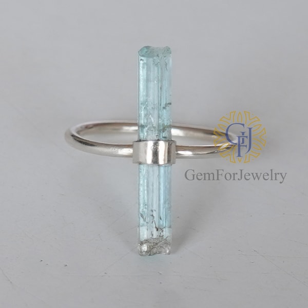 Raw Aquamarine Long Bar Ring, Aquamarine Pencil Ring, March Birthstone Jewelry, Aquamarine Stick, Silver Handmade Ring, Gifts For Her