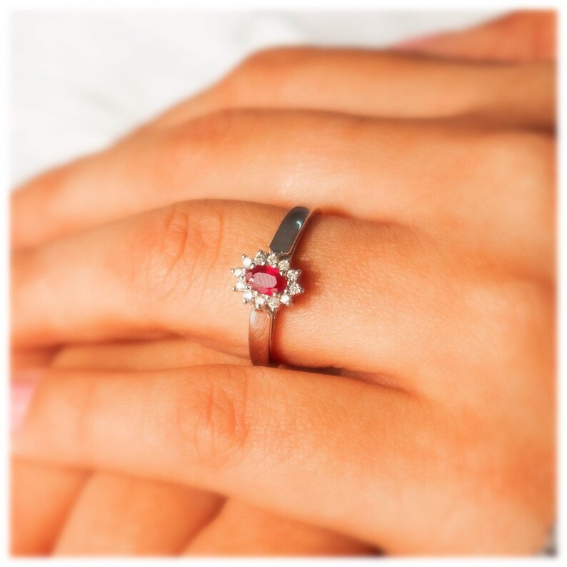 Silver Rose Gold Ruby Diamond Halo Engagement Rings Handmade Silver Diamond Birthstone Ring Mothers Day Gift Ruby Statement Jewellery