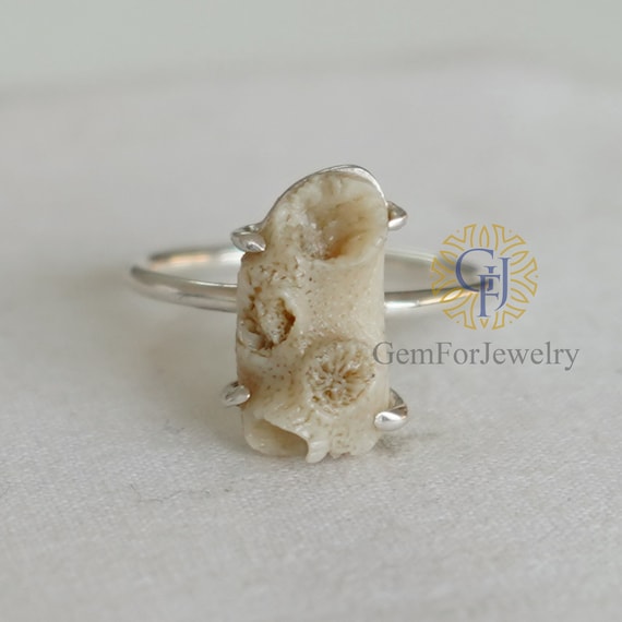 Raw CORAL Ring, White Fossil Coral Jewelry, Uncut Gemstone, Silver