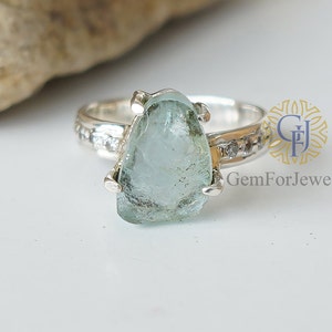 Raw Aquamarine Ring, Sterling Silver Jewelry, Natural Aquamarine With CZ, Antique Ring, Rough Stone Ring, Statement Ring, Gift For Mom