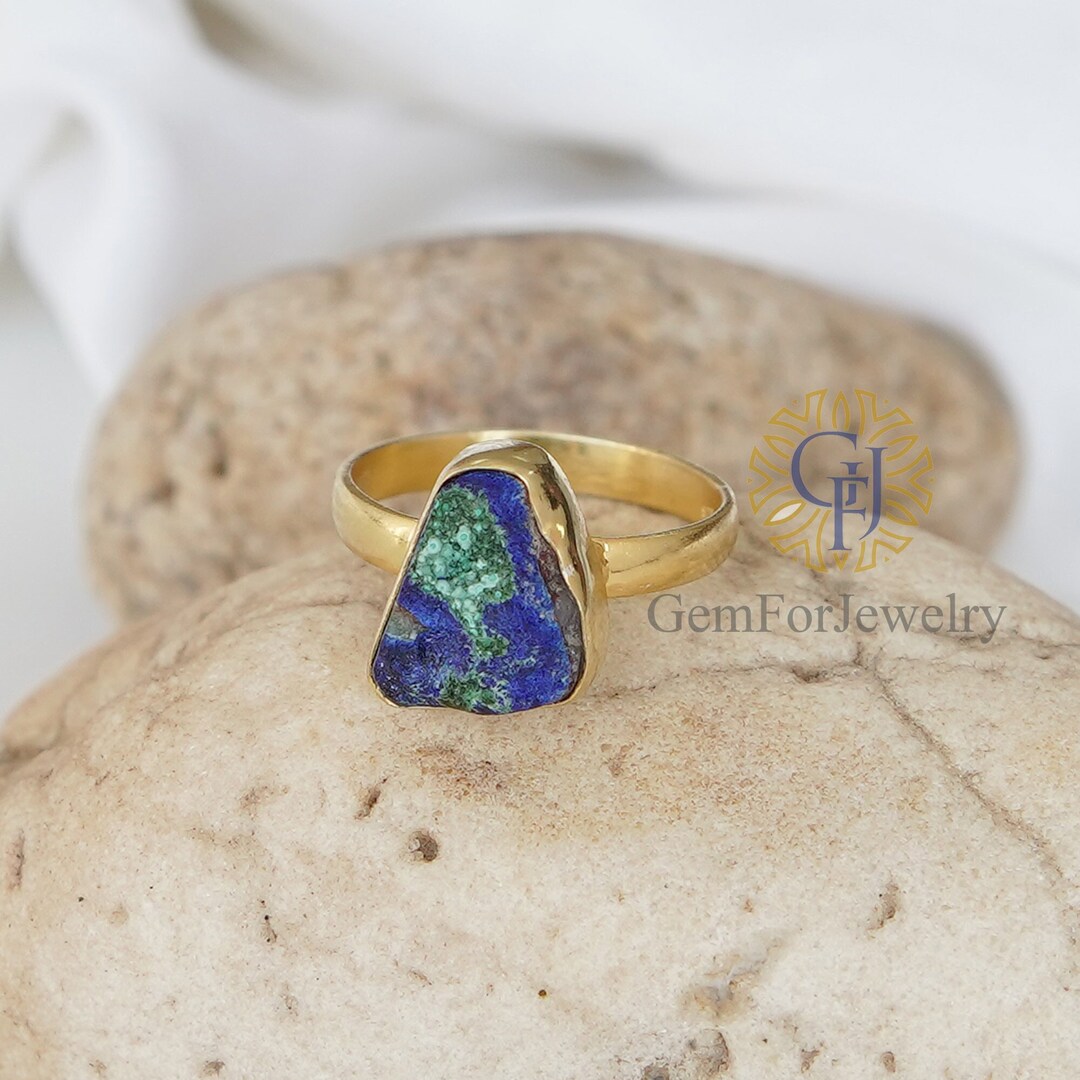 Raw Azurite Malachite Ring, 14k Gold Plated Ring, Azurite Gold Ring ...