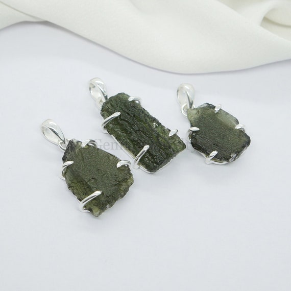 Raw Moldavite Pendant, Natural Green Moldavite, 925 Sterling Silver, Genuine Green Moldavite, Raw Stone Pendant, Rough Jewelry, Gift For Her