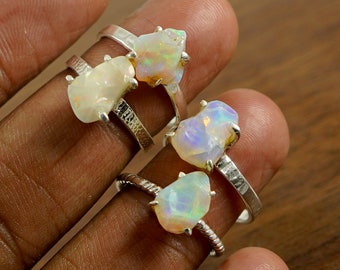 Raw Fire Opal Ring, 5 Band Options, Ethiopian Opal Jewelry, Uncut Gemstone Ring, October Birthstone Handmade Ring, Gift For Her