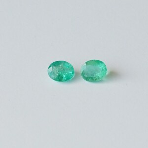 May include: Two round, green emerald gemstones on a white background.