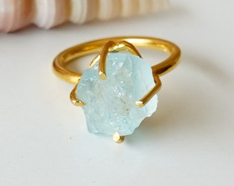 Raw Aquamarine Ring, 14K Gold Overlay Silver Jewelry, Raw Crystal Ring, Crystal Ring, Birthstone Jewelry, Raw Stone Ring,