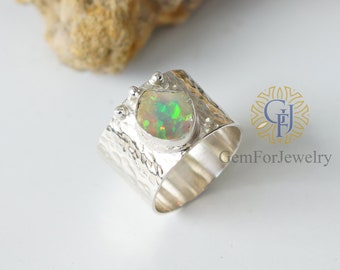 RAW Opal Thumb Ring, Textured Wide Band, Meditation Ring Thumb Ring, Raw Fire Opal Ring, October Birthstone, Gift For Her, Size- US 8-12