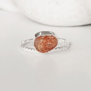 Raw Sunstone Ring, Orange Fire Sunstone, CZ Ring, Raw Gemstone Ring, Healing Crystal Ring, Sterling Silver, Birthstone Jewelry, Gift For Her