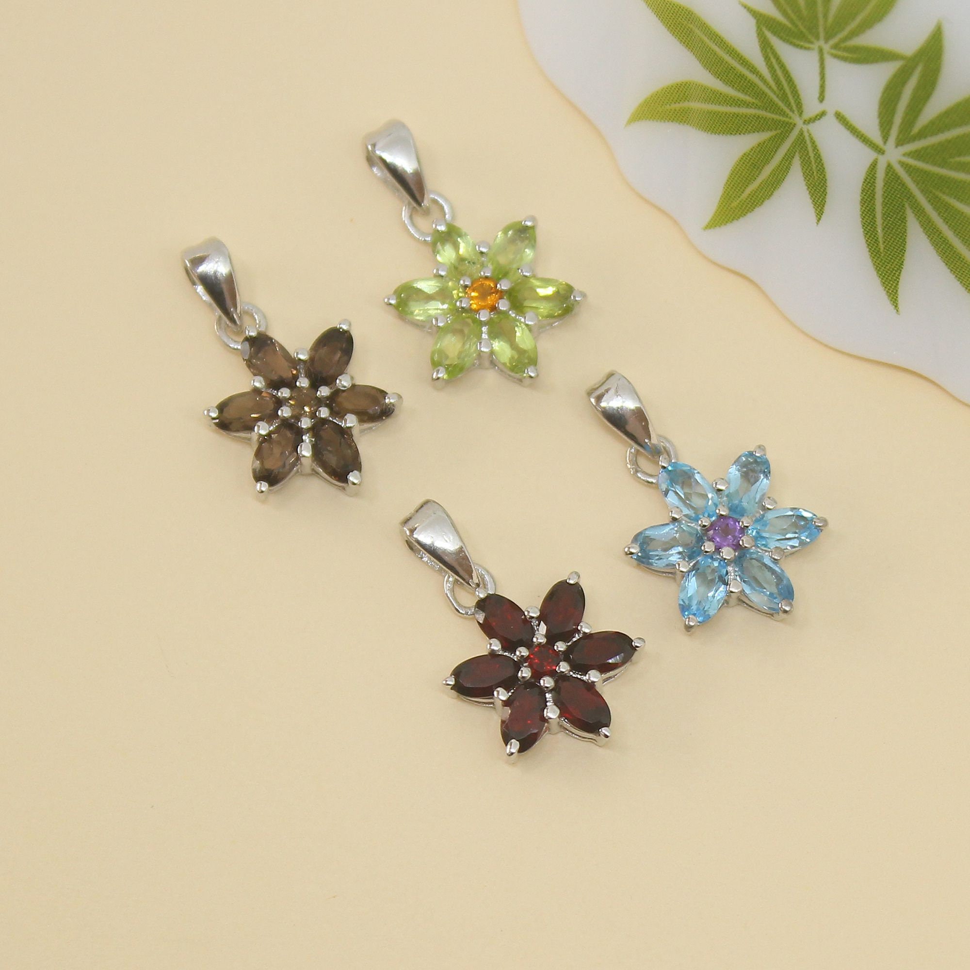 Gemstone Flower Pendant Sterling Silver Pendant 100 Natural Etsy UK