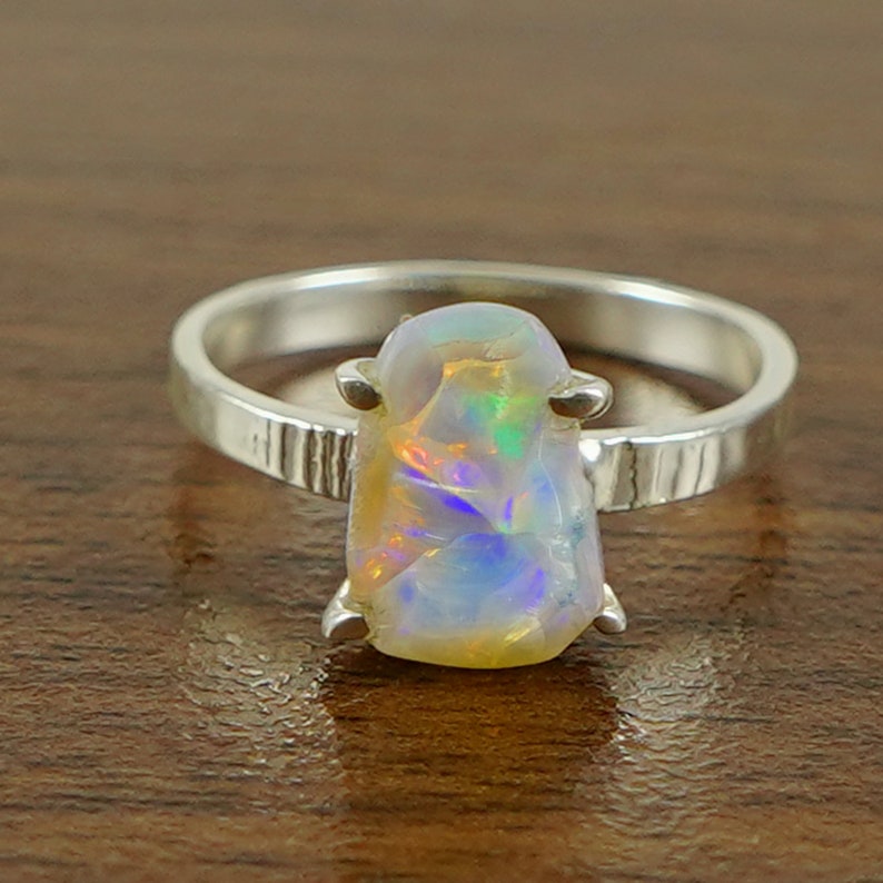 Raw Fire Opal Ring, Natural Ethiopian Opal Ring, Wooden Textured Band Ring, Raw Uncut Gemstone Ring, October Birthstone Ring, Gifts For Her image 3