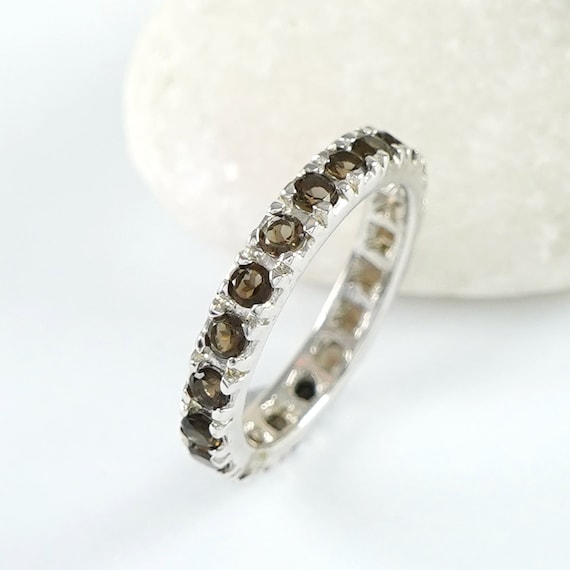 Smoky Quartz Full Eternity Ring, Rhodium Over Silver, Cyber Monday Sale, Eternity Band Ring, Gemstone Jewelry, , Gift For Mom