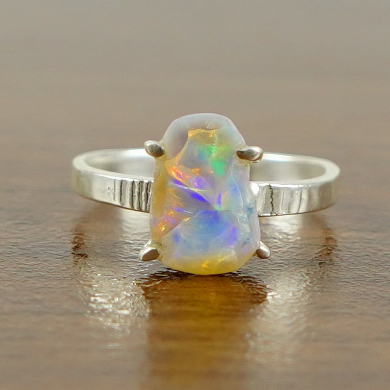 Raw Fire Opal Ring, Natural Ethiopian Opal Ring, Wooden Textured Band Ring, Raw Uncut Gemstone Ring, October Birthstone Ring, Gifts For Her image 1