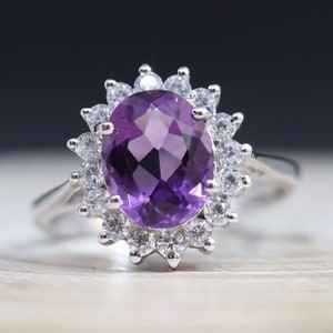 Amethyst Ring Engagement, Halo Ring, Sterling Silver Ring, Rhodium Over Silver, Standout Ring, February Birthstone Ring, Gift for Her