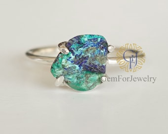 Raw Azurite Malachite Ring, Azurite Uncut Rough Ring, Raw Stone Ring, Statement Ring, Raw Crystal Ring, Birthstone Jewelry, Gifts For Her