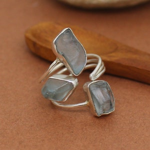 Handmade Raw Blue Topaz Silver Ring, Boho Three Stone Ring, Raw Gemstone Rings, Natural Uncut Gemstone Ring, Engagement Ring, Trillogy