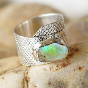 Raw Opal Thumb Ring, Textured Band, Meditation Ring, Sterling Silver Ring, Raw Fire Opal, October Birthstone, Gift For Her, Size- US 8-12