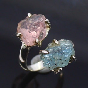 Raw Aquamarine Ring, Two Stones Ring, Rose Quartz Crystal Uncut, Sterling Silver Jewelry, Rough Adjustable Pastel Ring, Raw Stones Ring