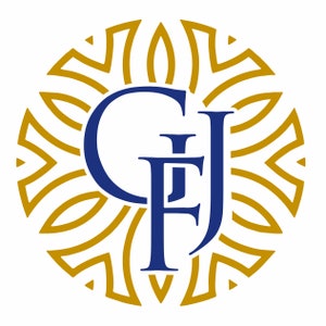May include: A circular logo featuring the letters "GFJ" in a deep navy blue, set against a gold, sunburst-like pattern. The design is symmetrical and elegant, suitable for branding or decorative purposes.
