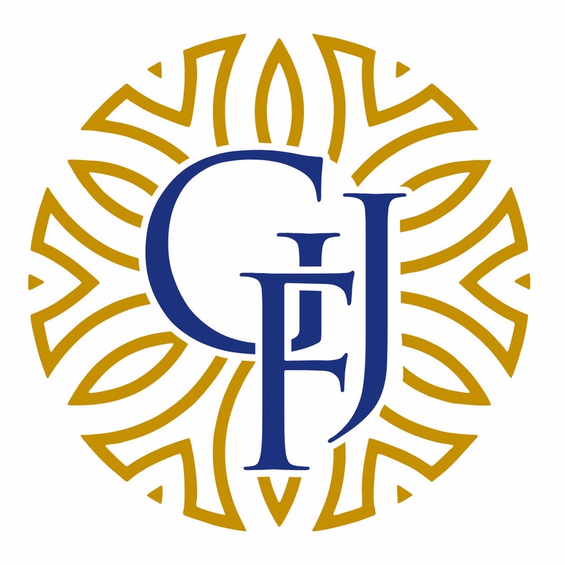 May include: A circular logo featuring the letters "GFJ" in a deep navy blue, set against a gold, sunburst-like pattern. The design is symmetrical and elegant, suitable for branding or decorative purposes.