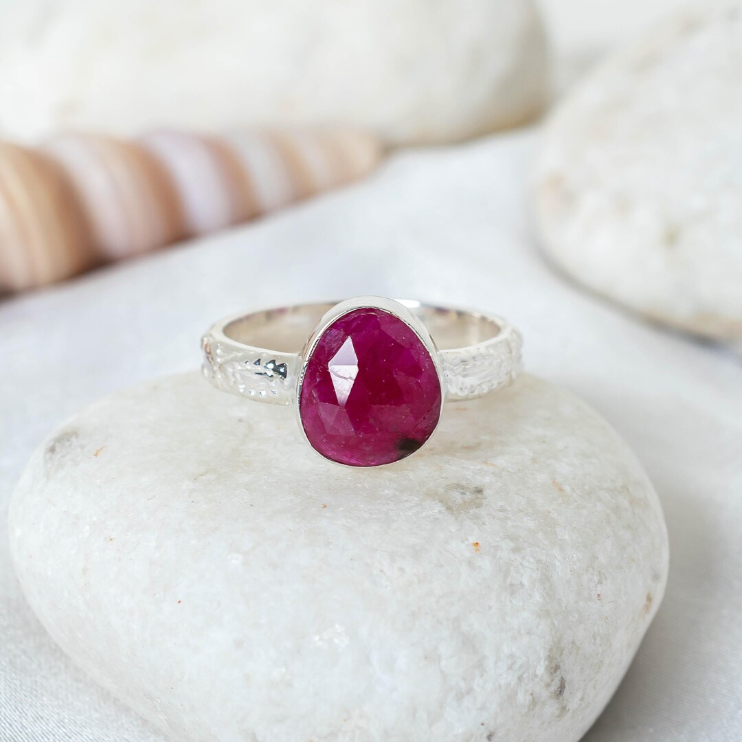 Ruby Rose Cut Ring • Sterling Silver Floral Band • Handmade July ...