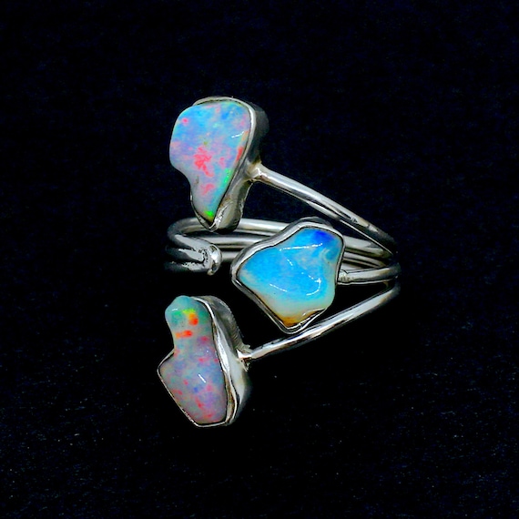 Raw Opal Ring, Handmade Silver Ring, Three Stone Adjustable Ring