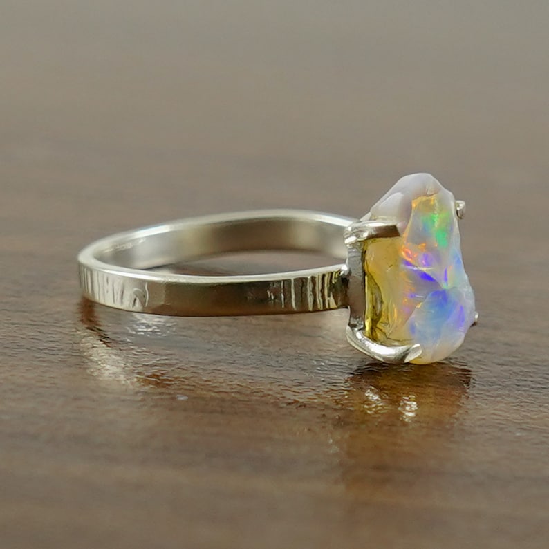 Raw Fire Opal Ring, Natural Ethiopian Opal Ring, Wooden Textured Band Ring, Raw Uncut Gemstone Ring, October Birthstone Ring, Gifts For Her image 5