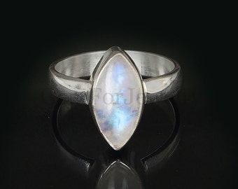 Moonstone Cabochon Ring, Blue Rainbow Moonstone, Crystal Ring, Marquise Cabochon Ring, Handmade Ring, Sterling Silver Ring, June Birthstone