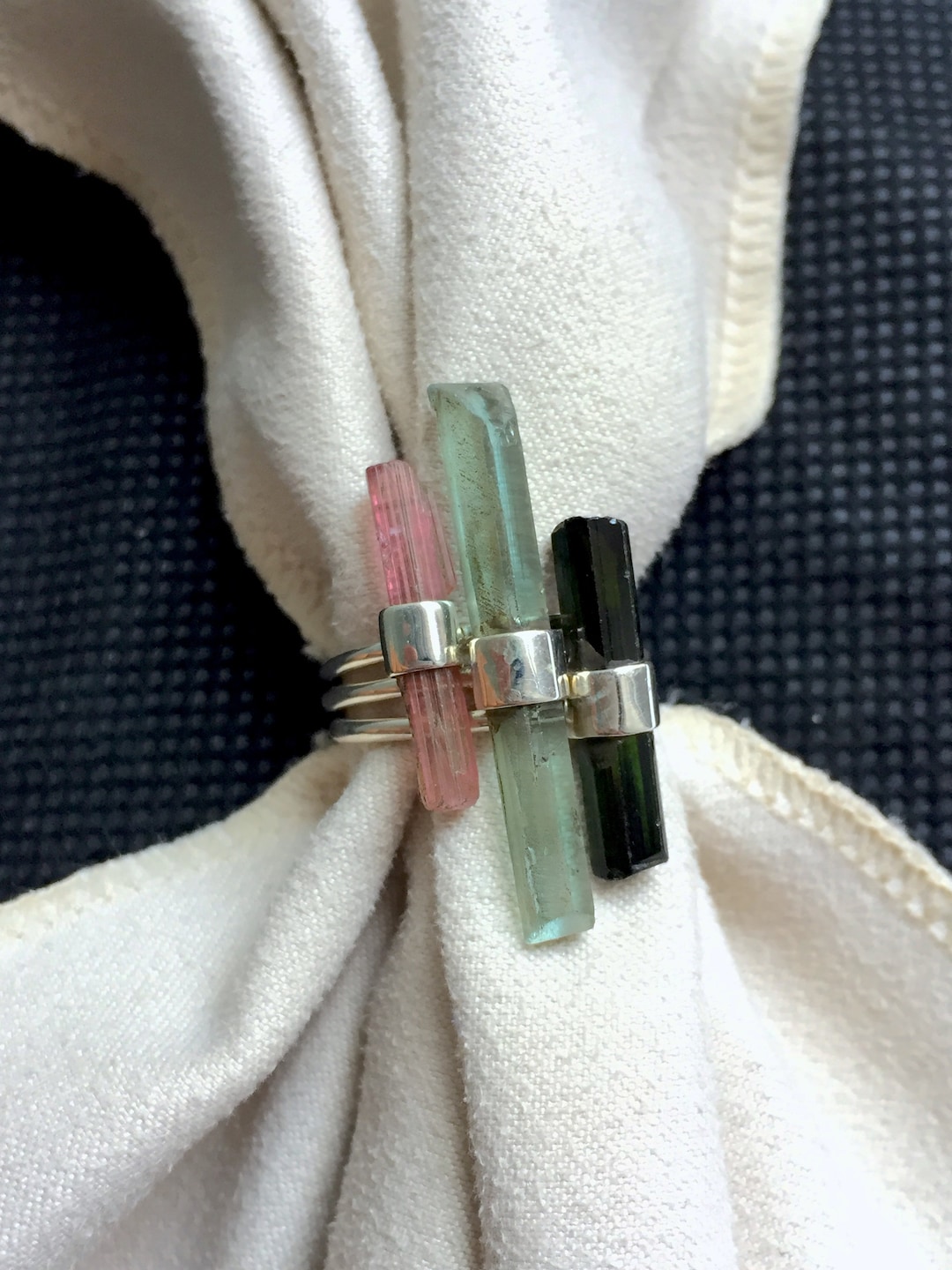 Natural Gem Raw Long Bar Ring, Artisan Septum Boho Black Tourmaline Bar, Aquamarine Pencil Ring