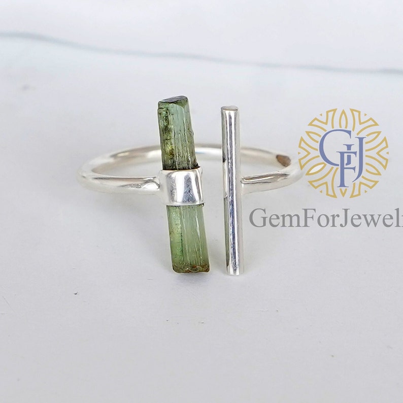 Raw Aquamarine Bar Ring, Adjustable Aqua Silver Stick Ring, March Birthstone Jewelry, Aquamarine Stick, Silver Handmade Ring, Birthday Gift GREEN TOURMALINE