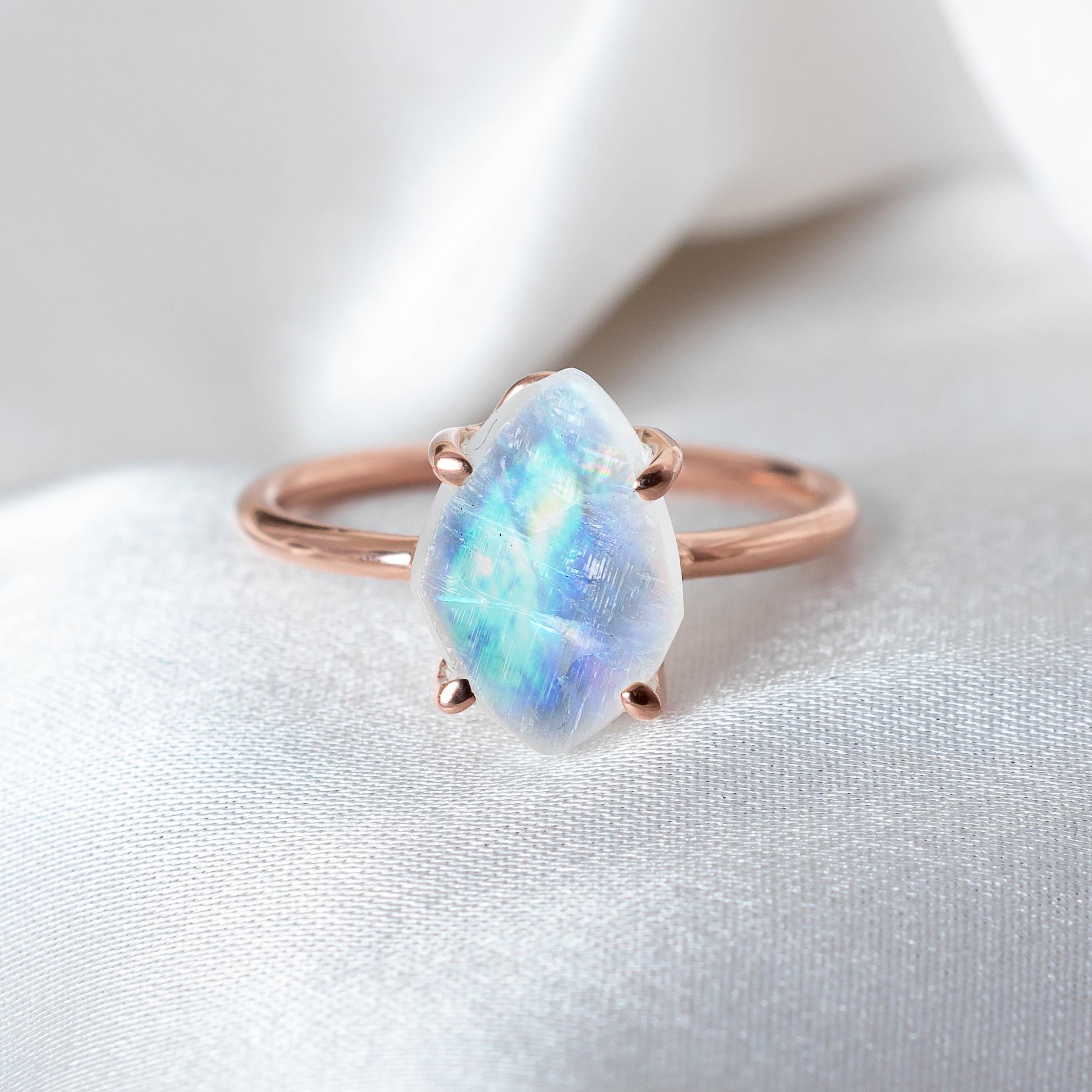 Moonstone Rose Gold Plated Ring, Raw Rainbow Moonstone Ring