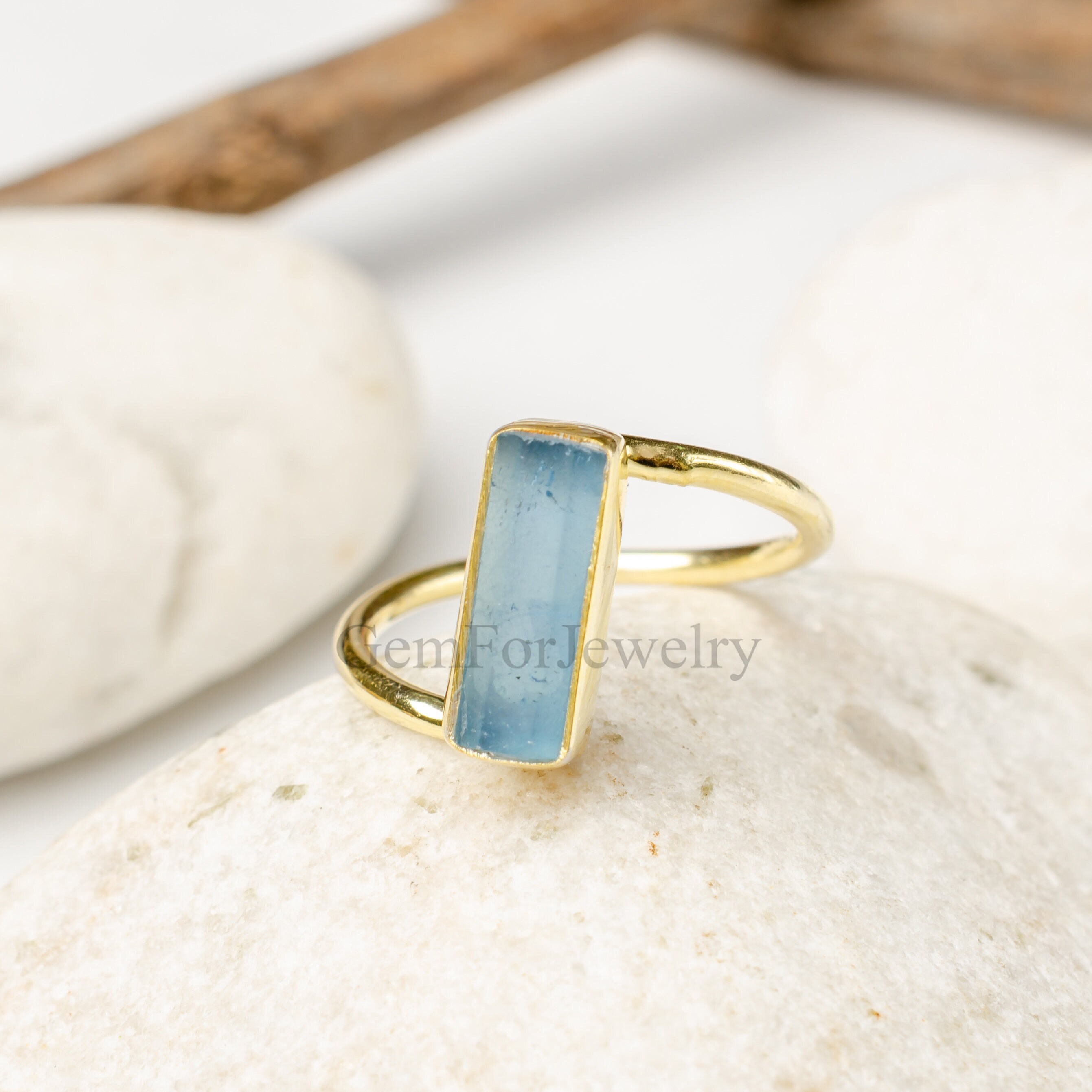 Raw Aquamarine Ring, 14K Gold Plated Ring, Twisted Band Ring, March Birthstone Jewelry, Silver Handmade Ring, Unique Ring, Gift For Her