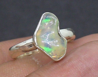 Raw Ethiopian Fire Opal Ring, Welo Opal Rough Ring, Uncut Gemstone Jewelry, October Birthstone Ring, Silver Artisan Boho Ring, Gift For Her